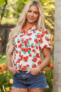 Red Floral Print Ruffled Puff Sleeve Elegant Summer Shirt T543-8784186409202
