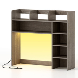 Desktop Bookshelf with LED Lights 35.5 inch Desk Hutch Storage Organizer-Oak B593-JZ10560