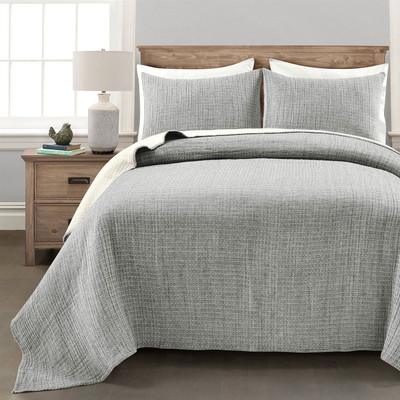 Full/Queen Size 3-Piece Reversible Cotton Yarn Woven Quilt Set in Grey Cream Q280-LDQF8862
