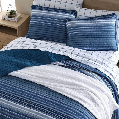 King Size Coastal Blue Stripe Reversible Cotton Quilt Set Q280-KIBL8299