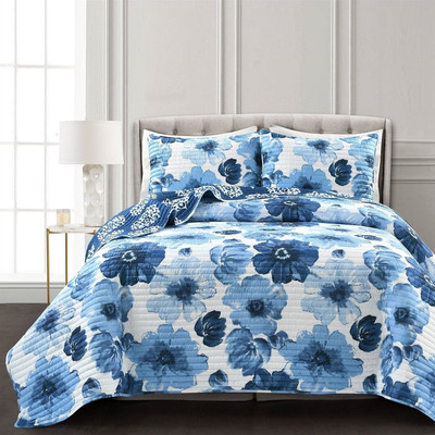 Full/Queen Blue Flowers Lightweight Polyester Microfiber Quilt Set Q280-BLLDQS12554