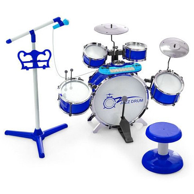 Kids Jazz Drum Keyboard Set with Stool and Microphone Stand-Blue - Color: Blue D681-TM10016BL