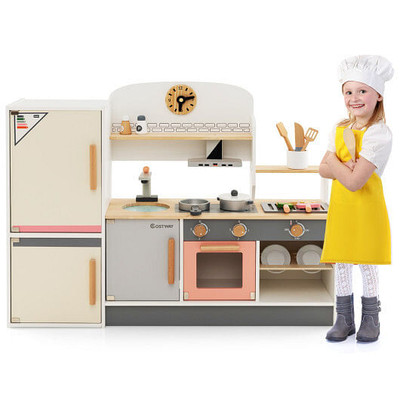 Kids Play Kitchen Set with Realistic Range Hood and Refrigerator B593-TM10092