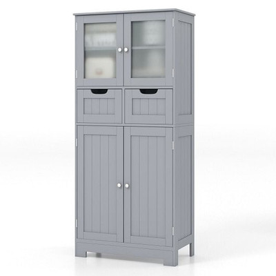 4 Door Freee-Standing Bathroom Cabinet with 2 Drawers and Glass Doors-Gray - Color: Gray D681-JV10643GR