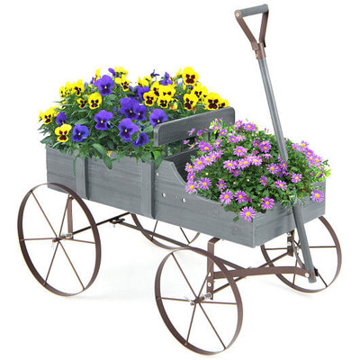 Wooden Wagon Plant Bed with Metal Wheels for Garden Yard Patio-Gray - Color: Gray D681-GT3662GR