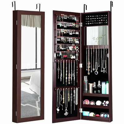 Full Length Mirror Jewelry Cabinet with Ring Slots and Necklace Hooks-Dark Brown - Color: Dark Brown D681-JV10821CF