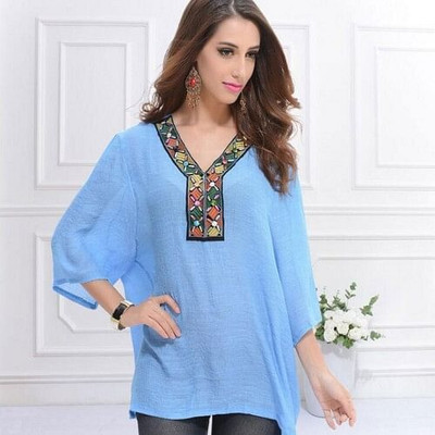 Embroidery V-neck Three-quarter Sleeves Casual Folk Style Women Top - Jeans Blue A392-fast0012
