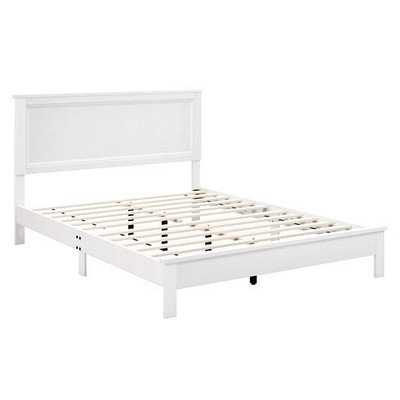 Queen Size Bed Frame Platform Slat High Headboard Bedroom with Rubber Wood Leg-White - Color: White D681-HU10900WH-Q