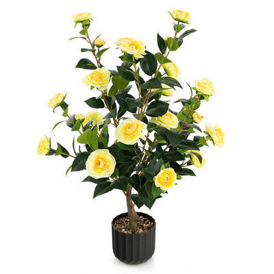 38 Inch Artificial Camellia Tree Faux Flower Plant in Cement Pot-Yellow - Color: Yellow D681-HZ10188YW-1