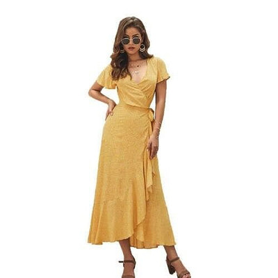 Ruffle Design V-neck Short Sleeves High Fashion Women Dress - Yellow A392-fasd0105