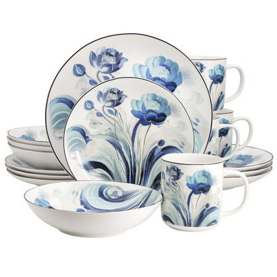 Elama Peony Garden 16 Piece Floral Design Round Porcelain Dinnerware Set in Blue D970-ELM-PEONY-GARDEN