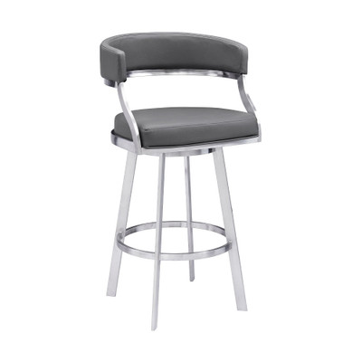 30" Gray And Silver Faux Leather And Iron Swivel Low Back Bar Height Bar Chair N270-477143