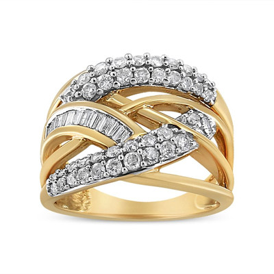 10K Yellow and White Gold 1.0 Cttw Round and Baguette-Cut Diamond Multirow Interwoven Cocktail Ring N162-017351R600