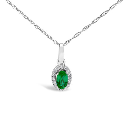 10K White Gold 5x3mm Green Emerald and Diamond Accent Halo Oval Shape 18" Pendant Necklace (I-J Col N162-022523NASH