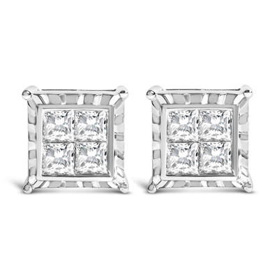 14K White Gold 2.00 Cttw Invisible Set Princess-Cut Lab Grown Diamond Wavy Quad Stud Earrings N162-74-7900WLD