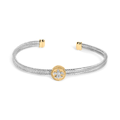 18K Yellow Gold Plated .925 Sterling Silver Diamond Accent  and Fleur Di Lis Medallion Bangle Brace N162-022030BS33