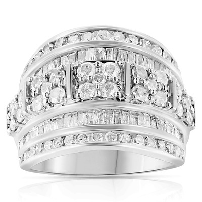 .925 Sterling Silver 2.0 Cttw Round & Baguette Cut Diamond Multi-Row Channel Set Tapered Cocktail F N162-017031R900