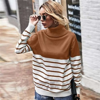 Stripes Design Contast Colors Long Sleeves Autumn and Winter Fashion Women Top - Brown A392-fast0169