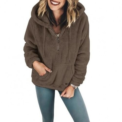 Fluffy Style Winter High Fashion Hooded Women Top/ Jacket - Dark Coffee A392-fast0063
