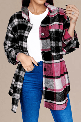 Black Plaid Colorblock Loose Shacket T543-8783395750130