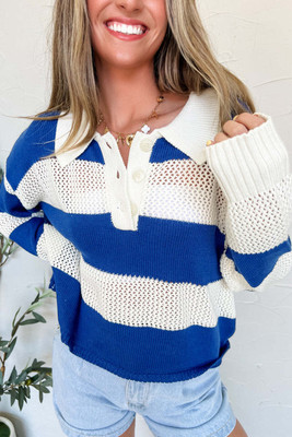 Blue Stripe Colorblock Polo Collar Eyelet Crochet Knitted Sweater T543-8783306522866