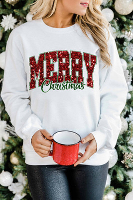 Beige MERRY Christmas Heat Transfer Printing Crewneck Pullover Sweatshirt T543-8797491560690