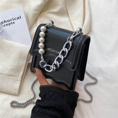 Alloy and Pearl Chain Handle Mini Square Women Handbag - Black A392-fhbg0376