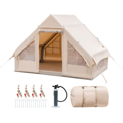Inflatable Camping Tent 2/4/6 People Glamping Tent for Family Camping with Pump-Beige - Color: Beige D681-NP11652BE