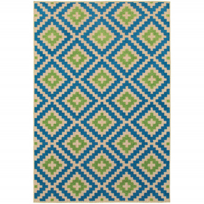 7' X 10' Blue and Beige Geometric Stain Resistant Indoor Outdoor Area Rug N270-506789
