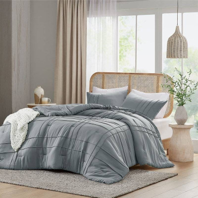King size Pleated Pre-Washed Microfiber Comforter Set in Blue Grey Q280-HAKICA6204