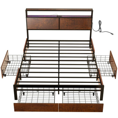 King size Platform Bed with Headboard and Storage Drawers in Brown Wood Finish Q280-KGST6578478