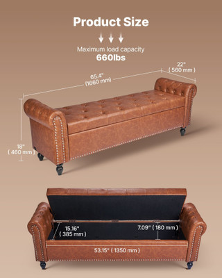 Button-Tufted Storage Ottoman Bench, Rolled Arm PU Leather Bench with Solid Wood Legs, Modern Shoe  E415-PZWSZYXTK617STHDO001V0