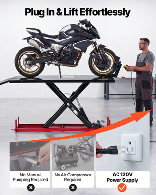 Motorcycle Lift Table, 1500 lbs Capacity, Electric Hydraulic Pump with Scissor Lift Jack, Wheel Cho E415-MTCDXSJT150085QA8001V1