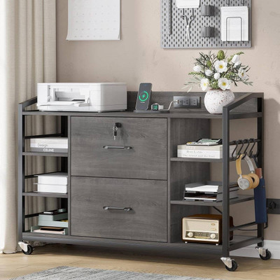 Grey Printer Stand Bookcase Power Station Mobile Office File Cabinet Q280-GRYUW567898