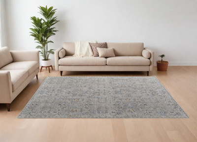 8' X 10' Ivory Tan and Blue Abstract Power Loom Worn Faded Area Rug With Fringe N270-567583