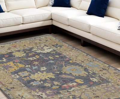 9' X 13' Gold Blue and Purple Wool Oriental Hand Knotted Area Rug With Fringe N270-566244