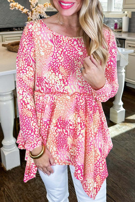 Rose Classic Leopard Print Handkerchief Hem Tunic Top T543-8793091768562