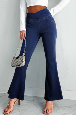 Dusk Blue Solid Crossed Waist High Elastic Fit Flare Knit Jeans T543-8783372714226