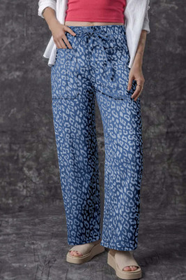 Blue Leopard Printed Drawstring Waist Pocketed Wide Leg Jeans T543-8784207872242