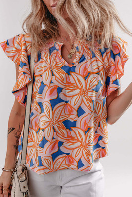Orange Summer Flower Print Notched Neck Ruffle Sleeve Blouse T543-8782348026098