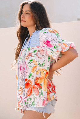 Multicolour Floral Print Striped Yoke Frilled V Neck Puff Short Sleeve Blouse T543-8793107529970