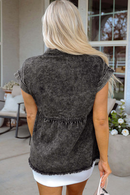 Black Short Sleeve Flap Pocket Button Up Raw Hem Denim Shirt T543-8787330498802