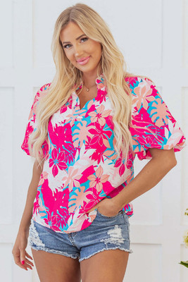 Rose Tropical Plant Printed V Neck Puff Sleeve Blouse T543-8791242277106