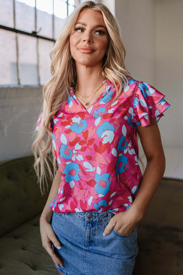 Rose Red Ruffled Sleeve Floral Blouse T543-8787349962994
