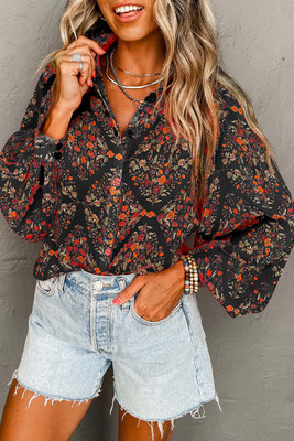 Black Strawberry Aesthetic Floral Puff Sleeve Shirt T543-8786252464370