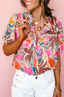 Rose Tropical Vacation Vibe Printed Button Up Short Sleeve Shirt T543-8783310553330