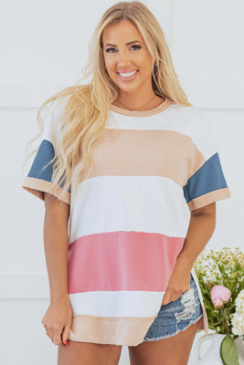 Multicolour Colorblock Patchwork Side Split Tunic T Shirt T543-8791252926706
