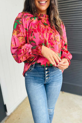 Rose Abstract Print Frilly Neckline Puff Sleeve Blouse T543-8783395127538