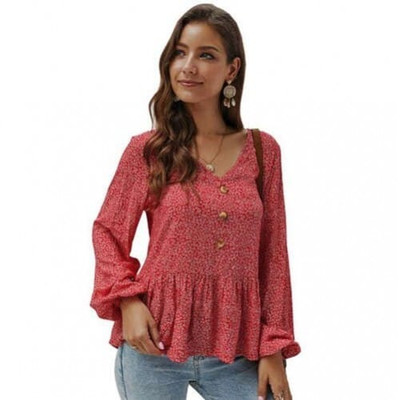 Small Flowers Pattern V-neck Long Sleeves Women Blouse - Red A392-fast0104