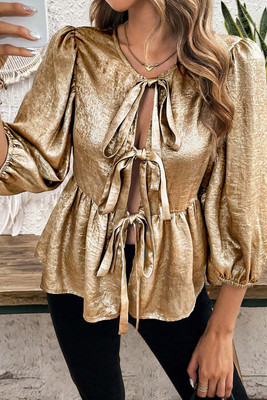 Gold Bow Tie Front Puff 3/4 Sleeve Ruffle Hem Blouse T543-8786260951282